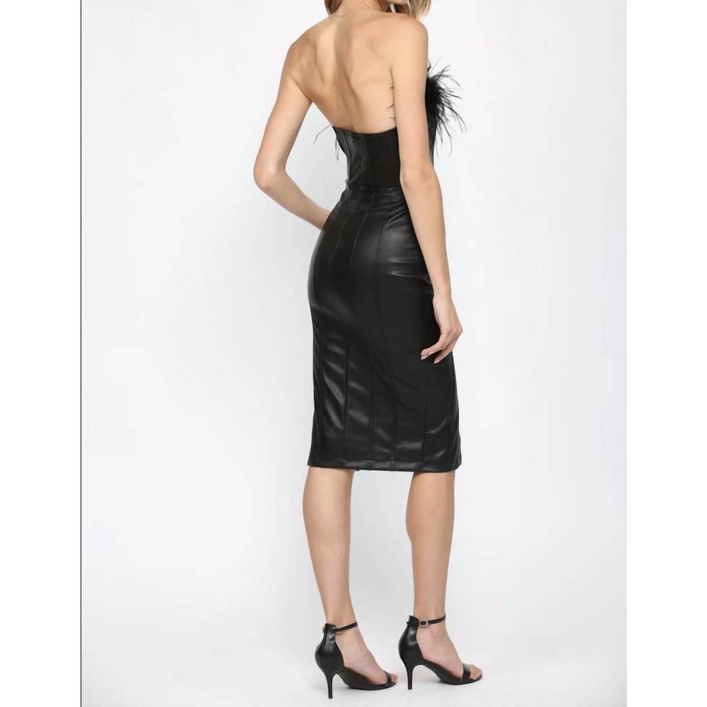 NEW FATE lola faux leather strapless dress with feather trim in black - Picture 3 of 3